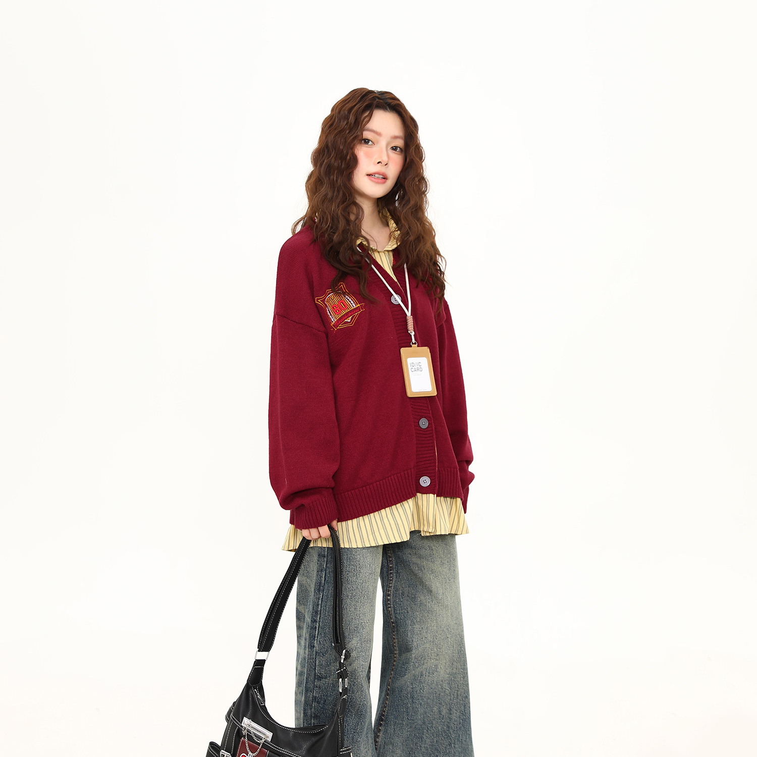 美式假兩件學院風紅色毛衣女開衫慵懶風鬆弛感針織衫外套