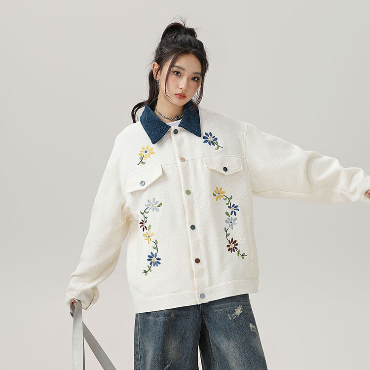 美式復古國潮刺繡夾克外套女工裝巴恩風拼色春秋款棒球服