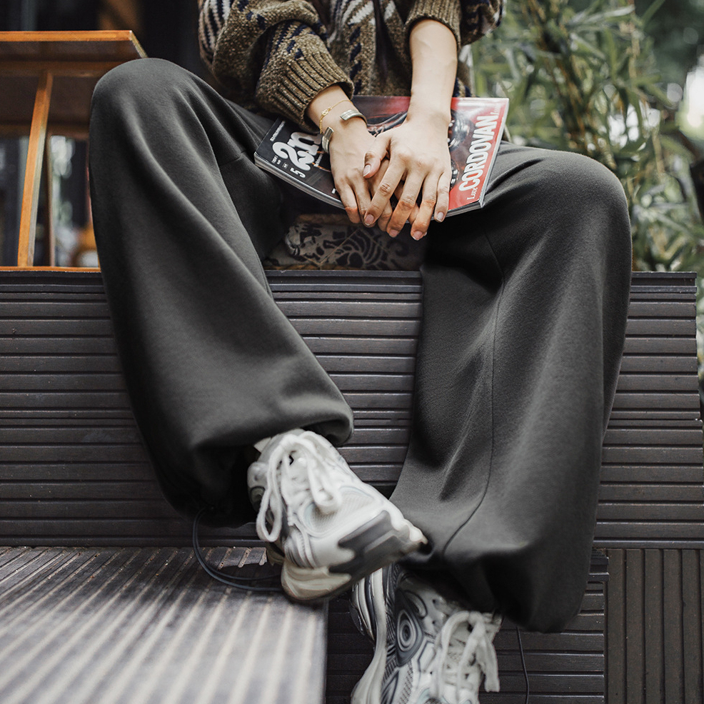 灰色長褲垂感寬鬆純棉鬆緊腰抽繩休閒直筒闊腿衛褲子女士秋冬