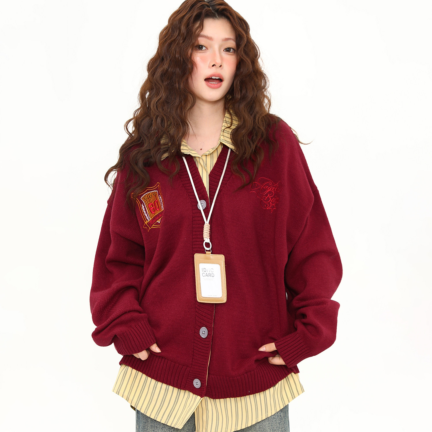 美式假兩件學院風紅色毛衣女開衫慵懶風鬆弛感針織衫外套