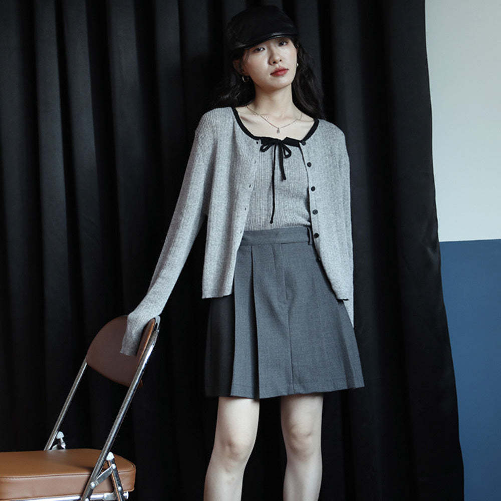 針織設計感開衫外套灰色兩件套小衫秋季新款小眾復古上衣