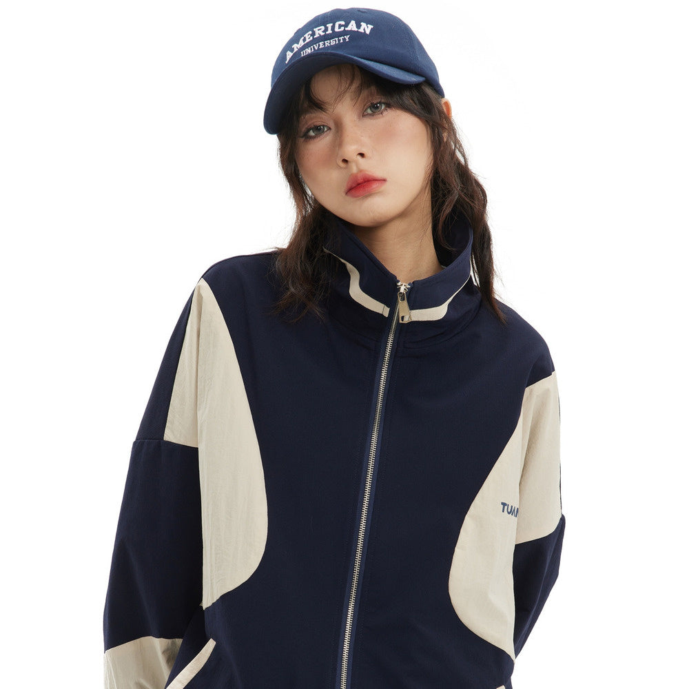 美式復古撞色拉鍊休閒收腰運動外套夾克女春秋