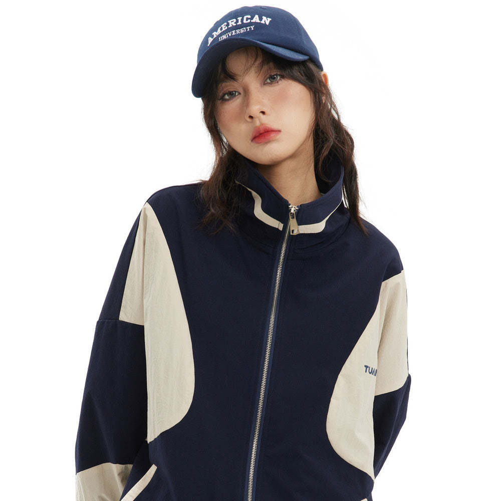 美式復古撞色拉鍊休閒收腰運動外套夾克女春秋