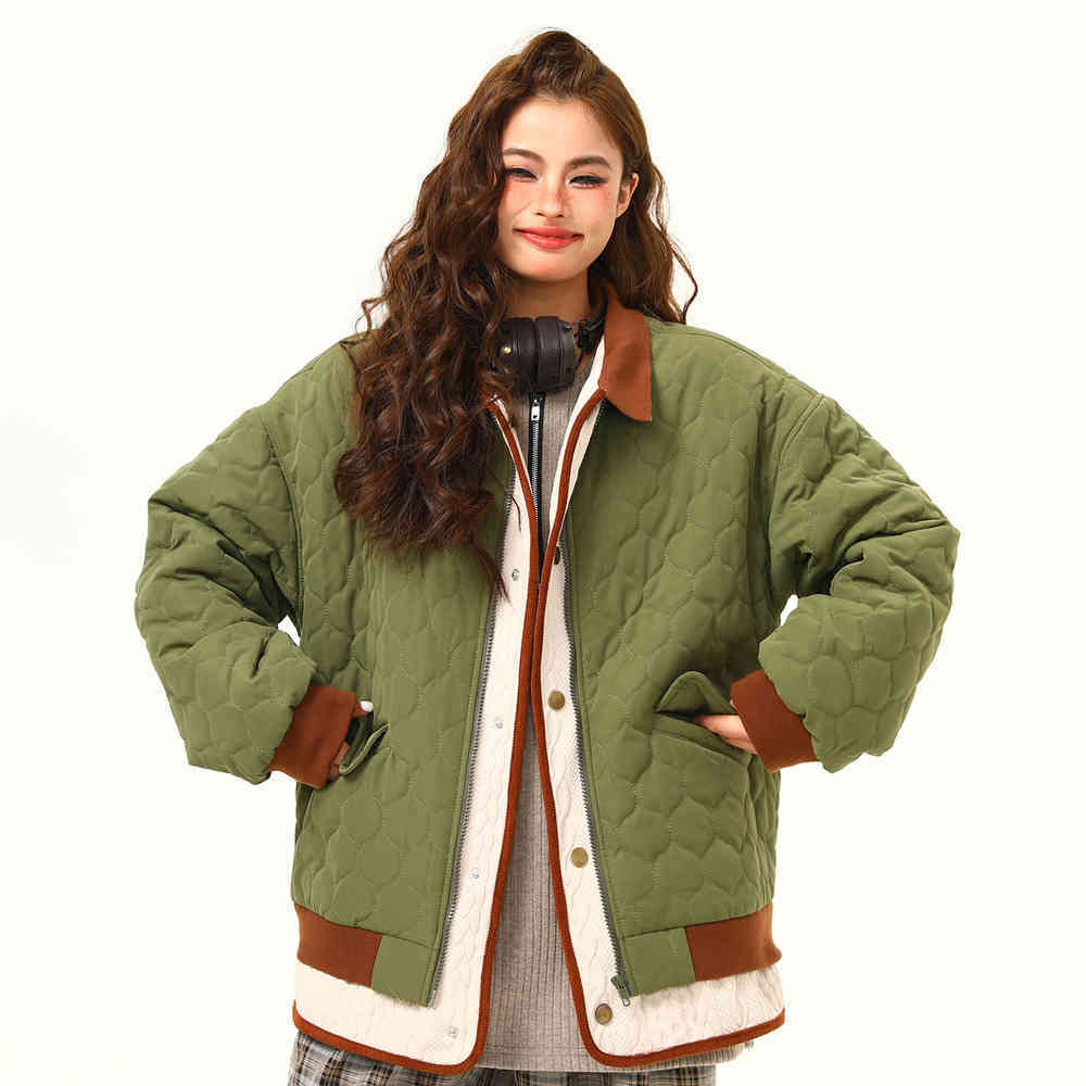 美式復古拼接夾棉棉服外套女冬季撞色氛圍感保暖棉衣