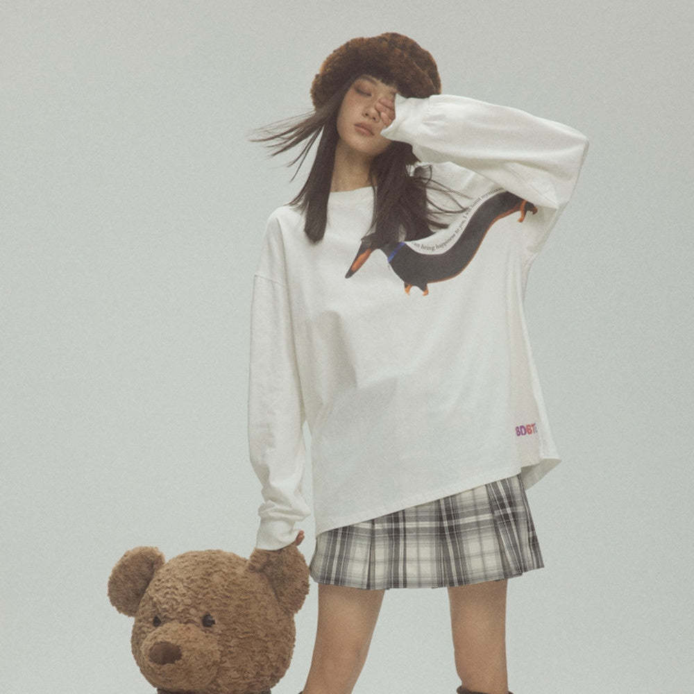 美式潮牌復古臘腸狗印花圓領衛衣女早春百搭寬鬆上衣