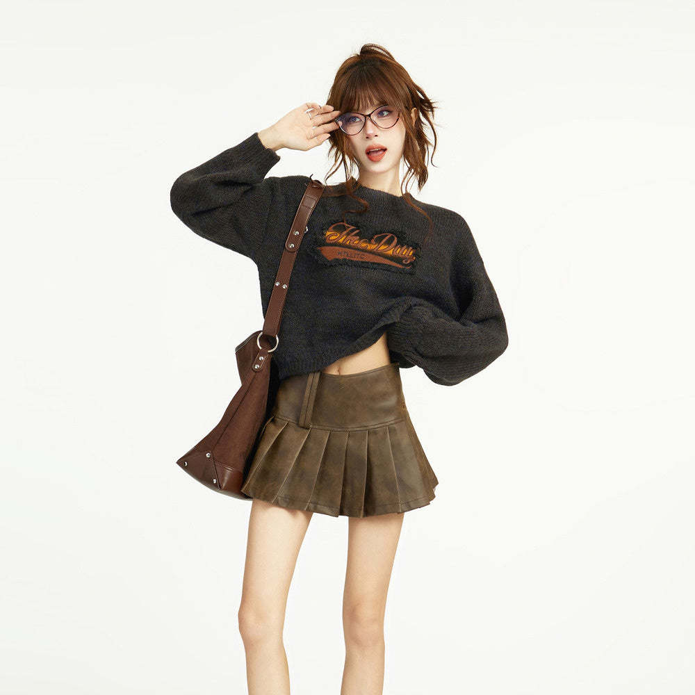 美式復古短款針織毛衣女秋冬秋季早秋設計感小眾正肩寬鬆外穿