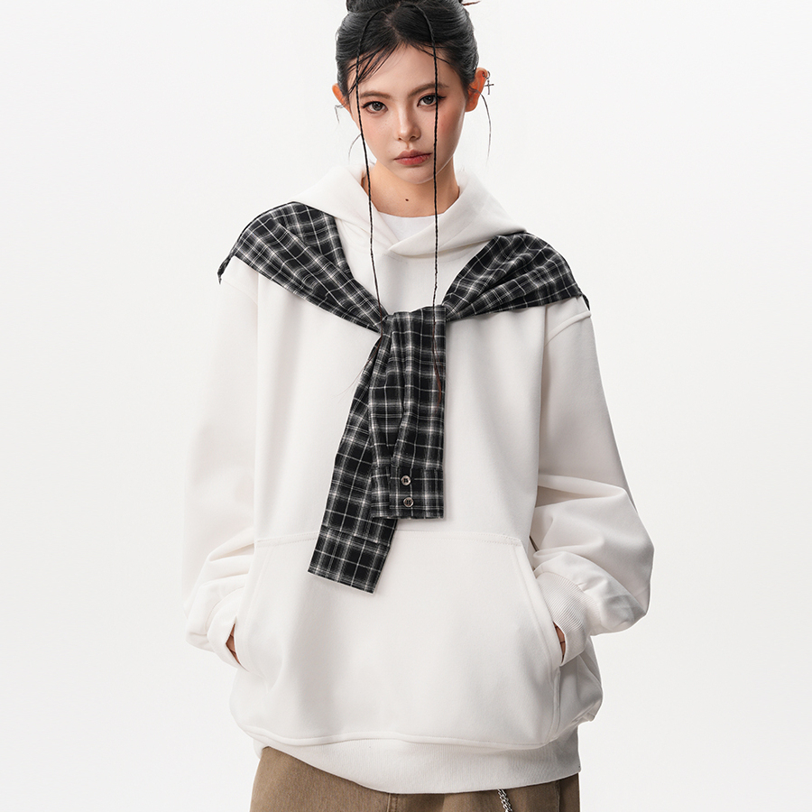 撞色格子披肩假兩件連帽衛衣女秋季小眾設計感慵懶百搭上衣