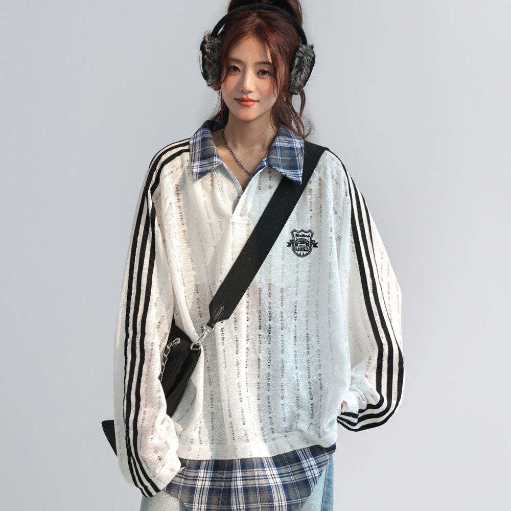 美式復古格子拼接假兩件polo衛衣女春秋鏤空長袖上衣