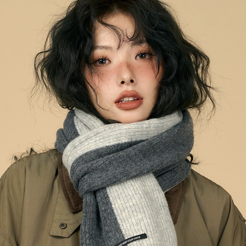 含羊毛拼色圍巾女冬季復古深灰色保暖加厚針織毛線高級感圍脖