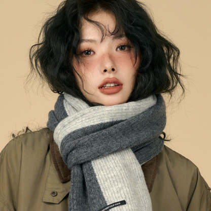 含羊毛拼色圍巾女冬季復古深灰色保暖加厚針織毛線高級感圍脖