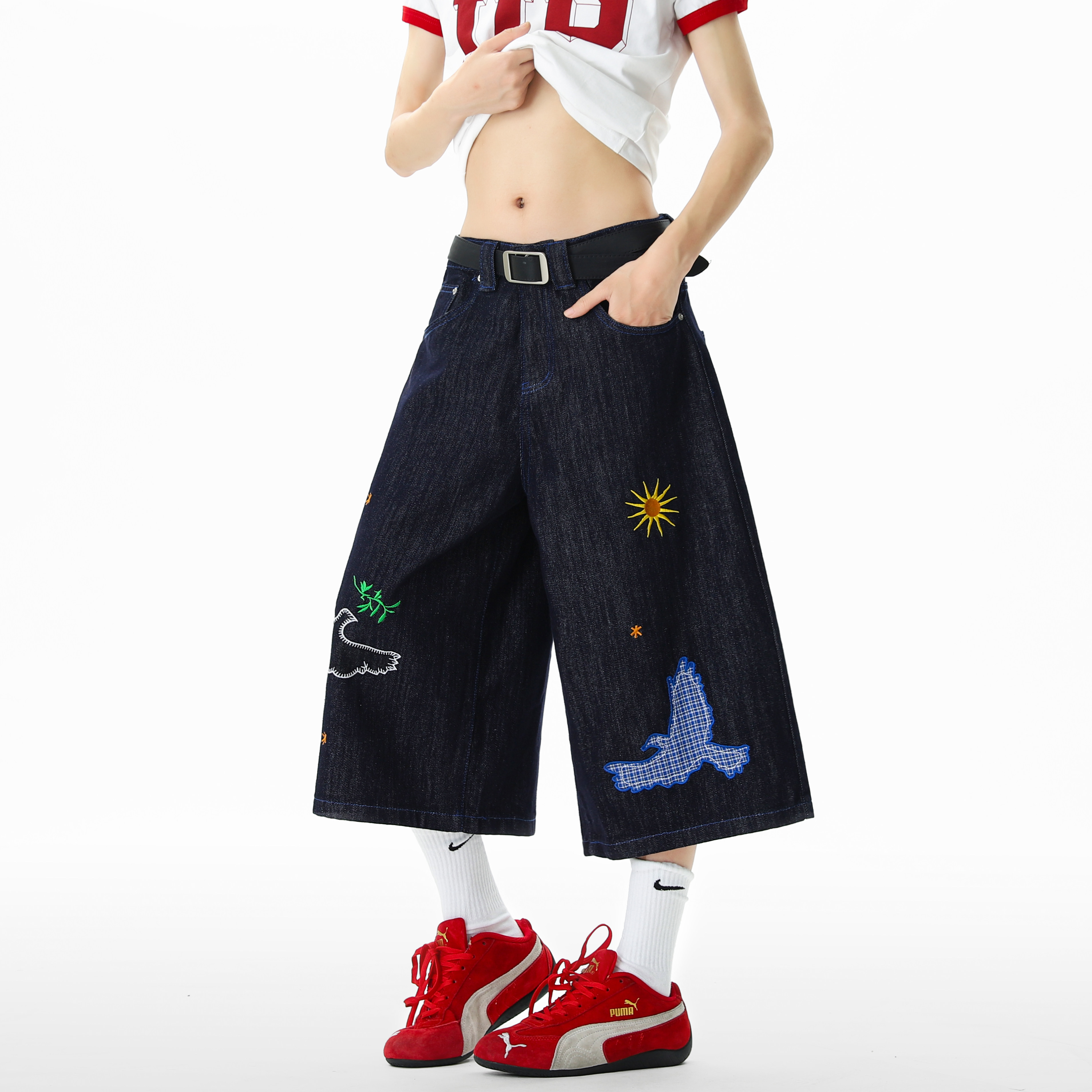美式趣味刺繡貼布七分褲女2026夏季街頭潮牌寬鬆水洗丹寧牛仔短褲