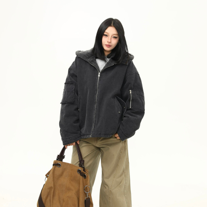 美式水洗重磅冬季棉服女毛絨連帽設計感加厚保暖棉衣外套