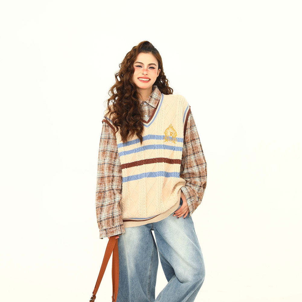 美式復古學院風假兩件毛衣女秋冬寬鬆格子針織衫上衣