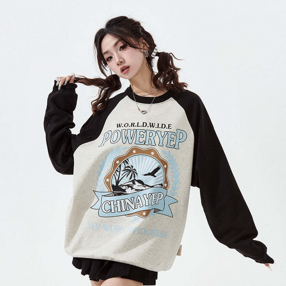 拼接插肩袖卡通印花衛衣女秋新款復古寬鬆無帽上衣