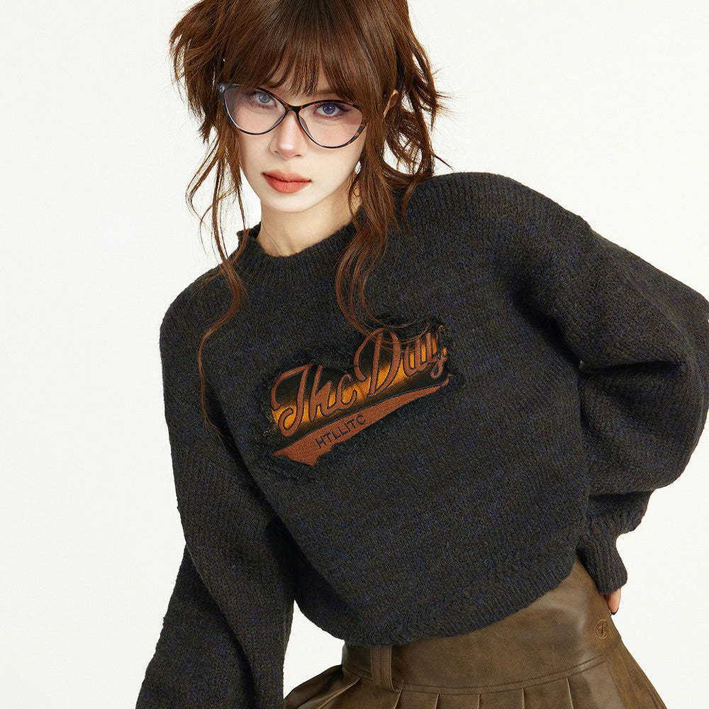 美式復古短款針織毛衣女秋冬秋季早秋設計感小眾正肩寬鬆外穿