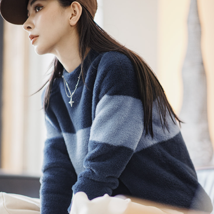 馬登女裝 美式拼色仿水貂絨毛衣寬鬆慵懶毛茸茸針織衫套頭圓領上衣冬女