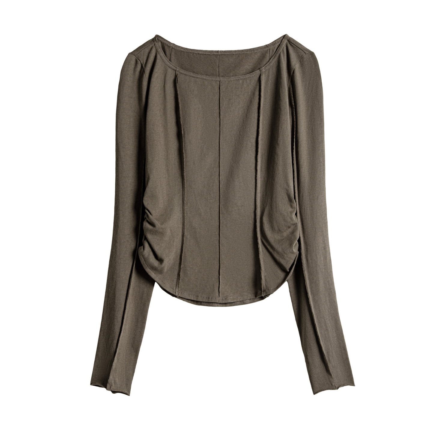 大領口薄款針織正肩長袖t恤魚骨收腰修身上衣打底罩衫女士夏