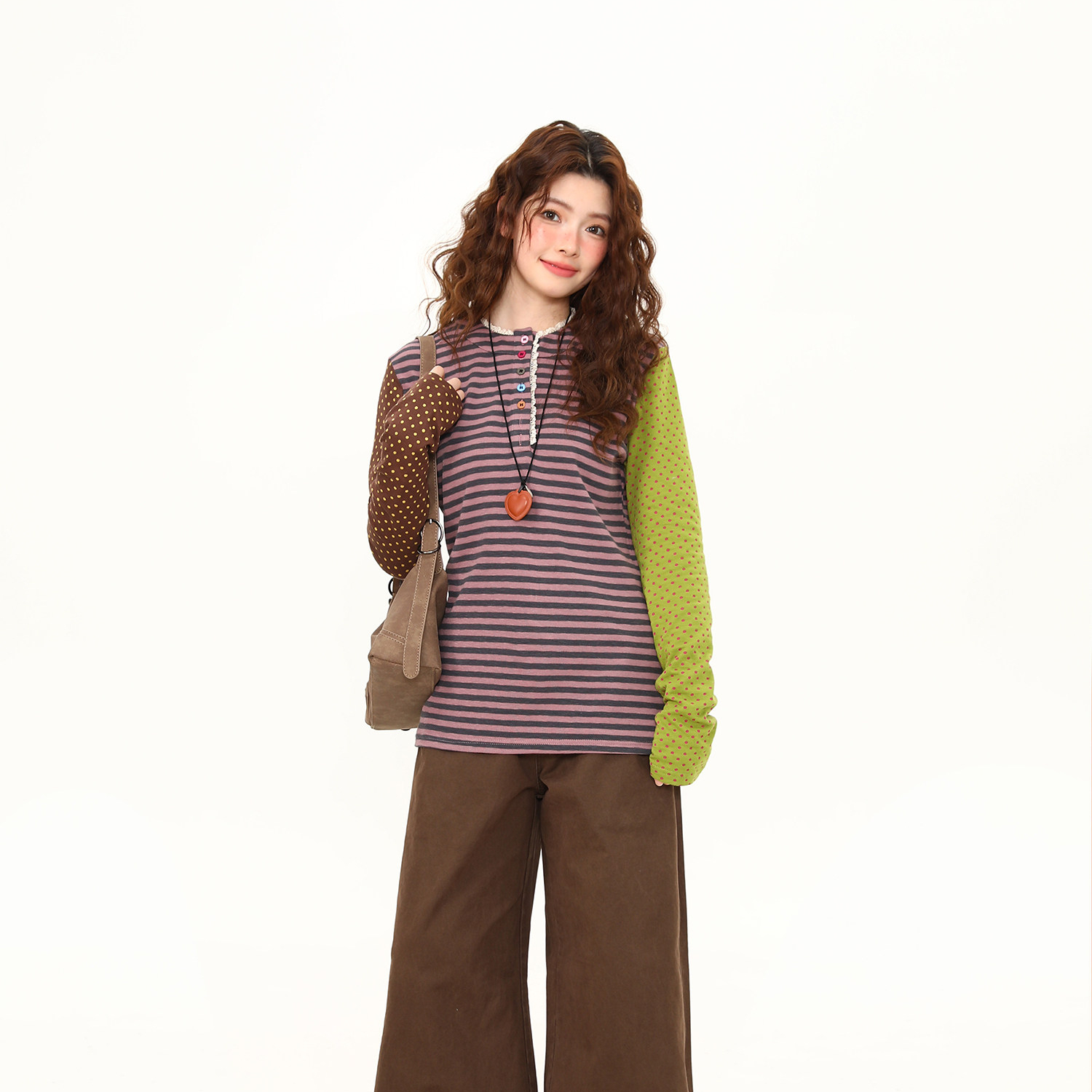 春季新款拼接設計感波點蕾絲花邊長袖T恤女短寬鬆百搭tee