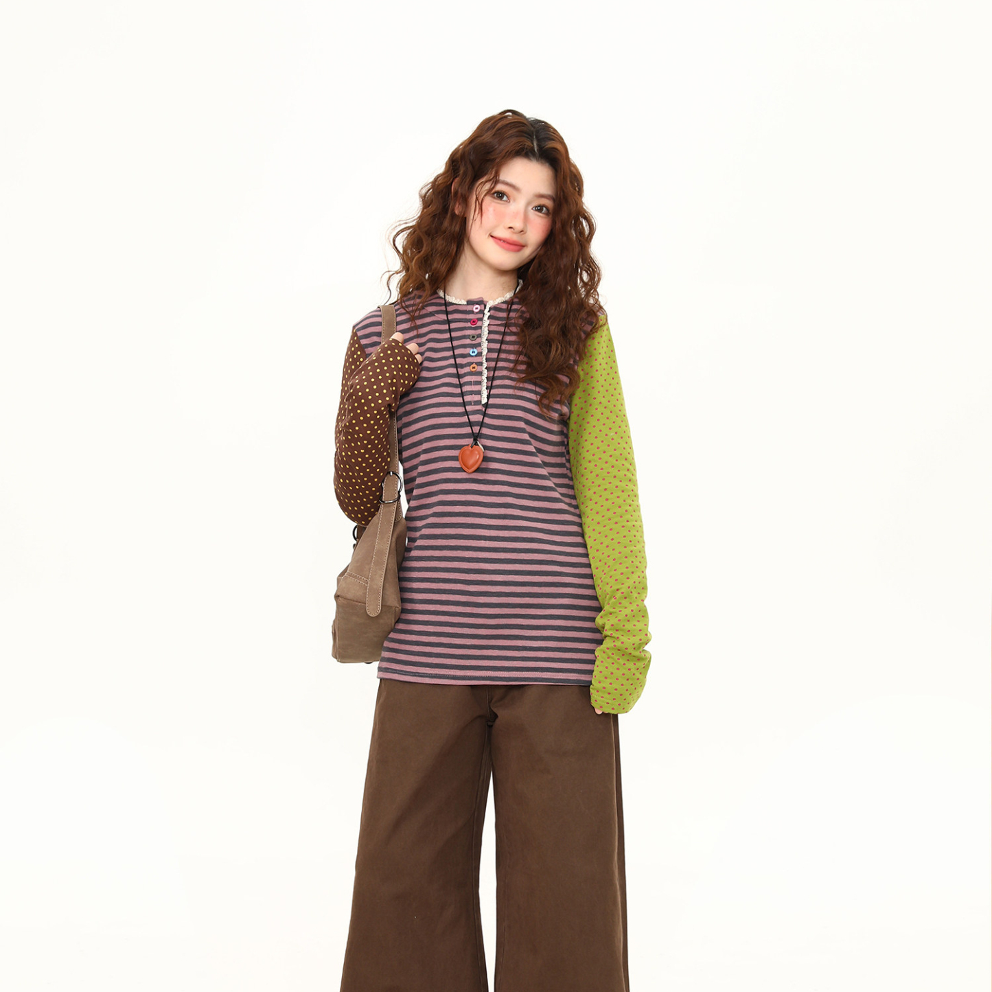 春季新款拼接設計感波點蕾絲花邊長袖T恤女短寬鬆百搭tee