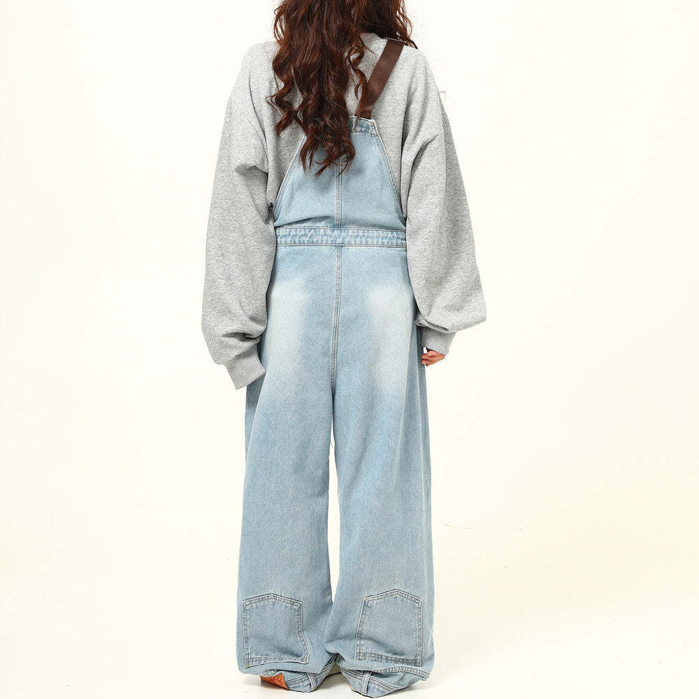 美式復古水洗淺藍色倒裝背帶褲女秋季寬鬆闊腿連體褲子