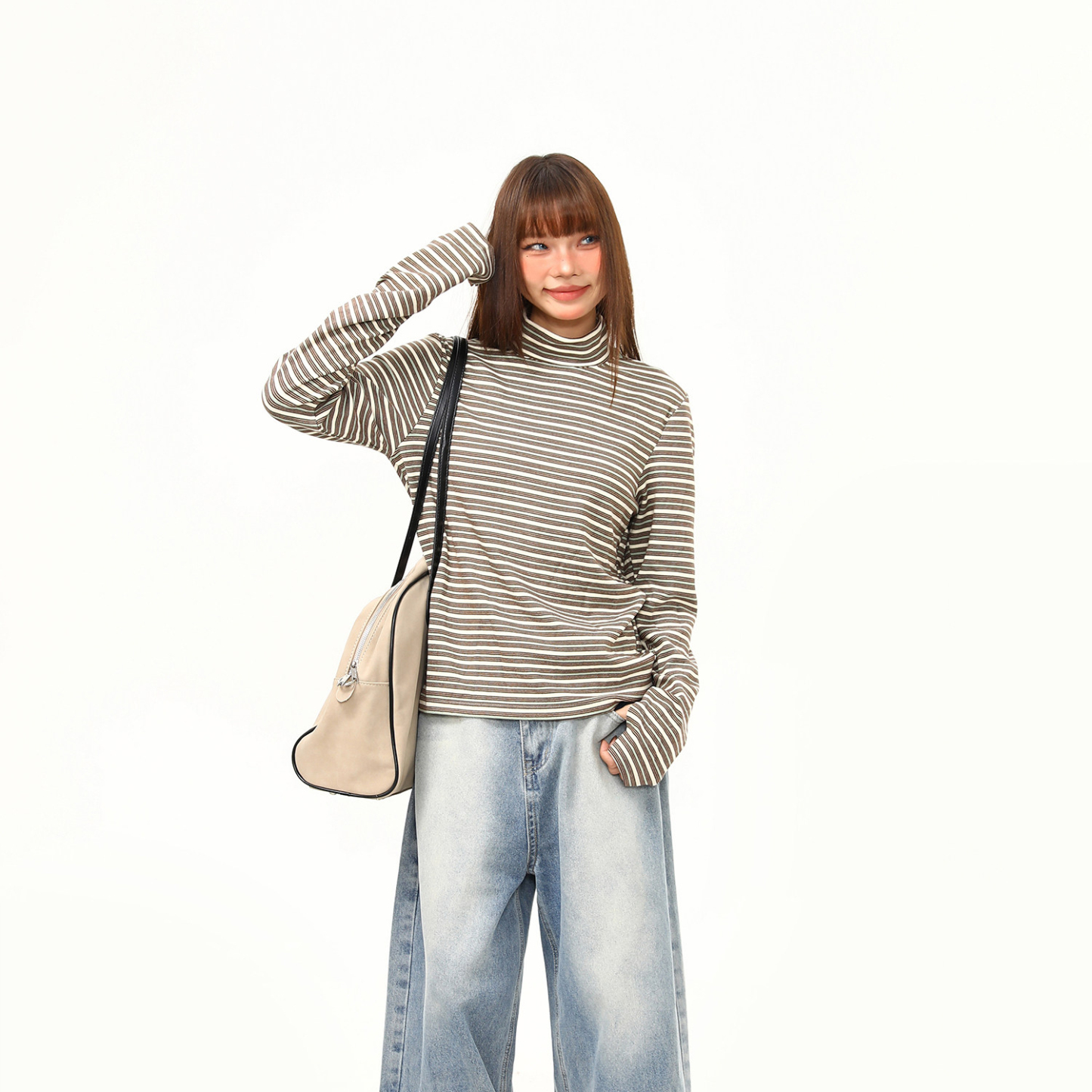 德绒半高领冬季保暖打底衫女短宽版型高级感内搭条纹长袖