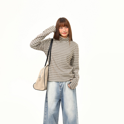 德绒半高领冬季保暖打底衫女短宽版型高级感内搭条纹长袖