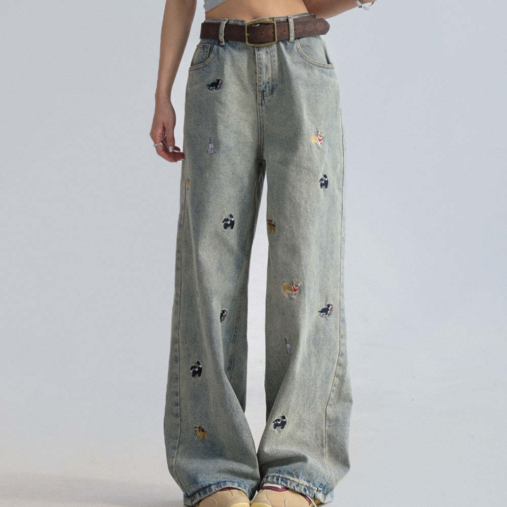童趣小狗刺繡牛仔褲女闊腿寬鬆拖地褲高腰顯瘦直筒褲
