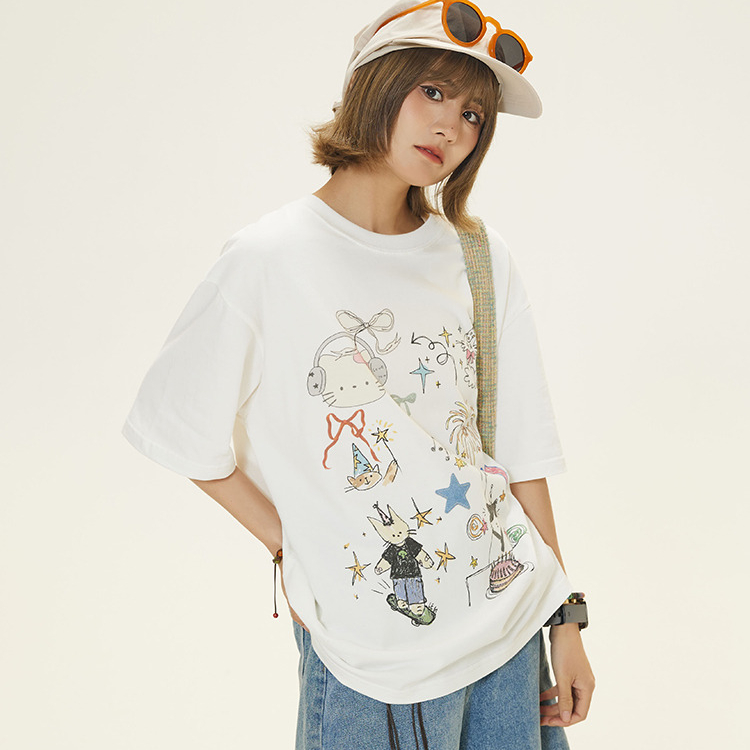 夏季小眾顯瘦素描印花短袖T恤女2025新款休閒T賉