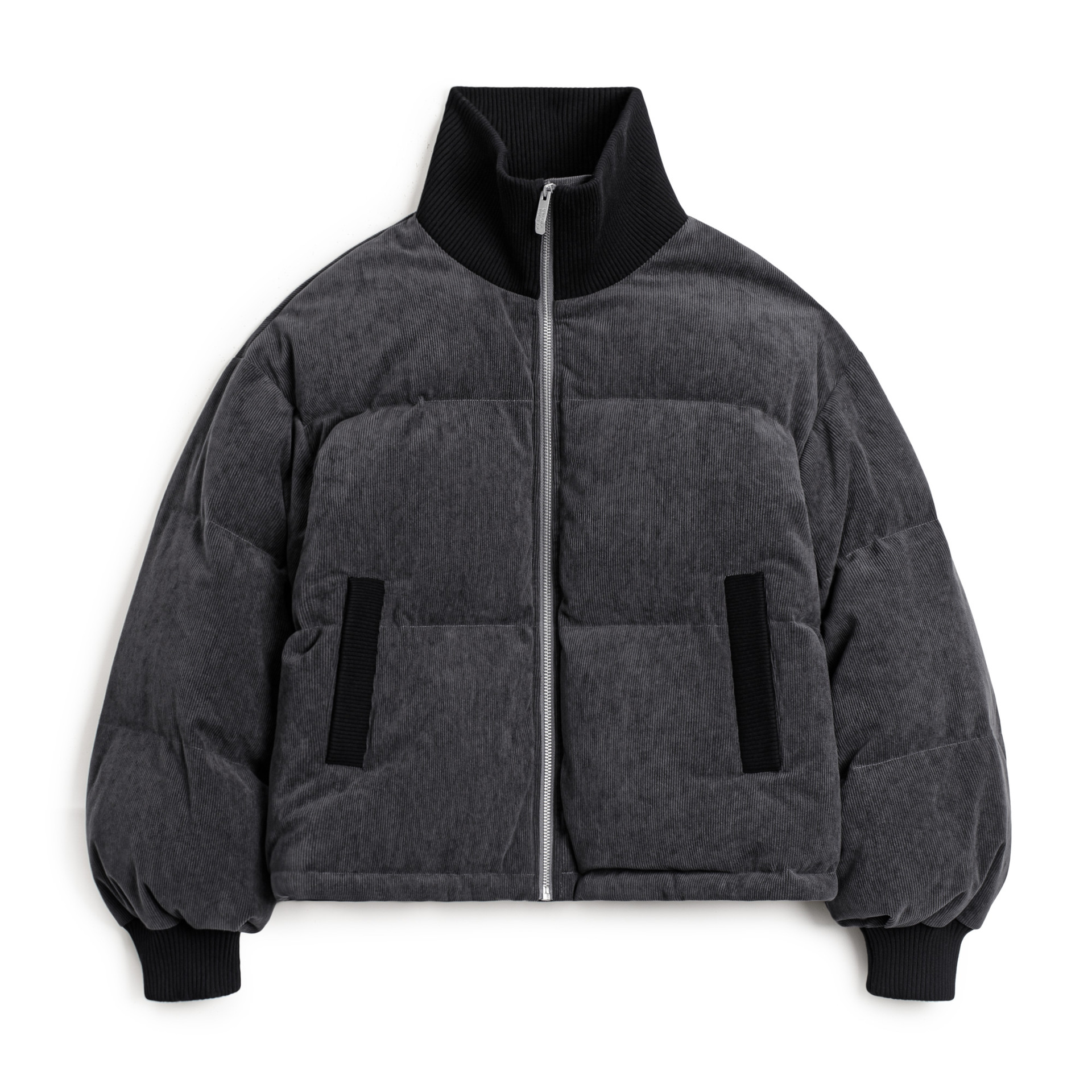 90白鴨絨灰色燈芯絨高立領短款加厚保暖麵包羽絨服外套女士冬