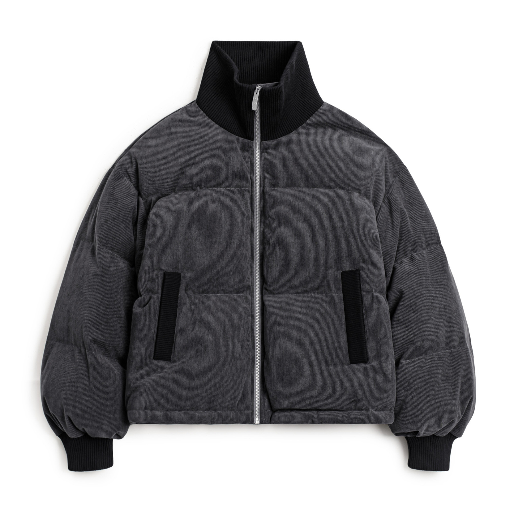 90白鴨絨灰色燈芯絨高立領短款加厚保暖麵包羽絨服外套女士冬