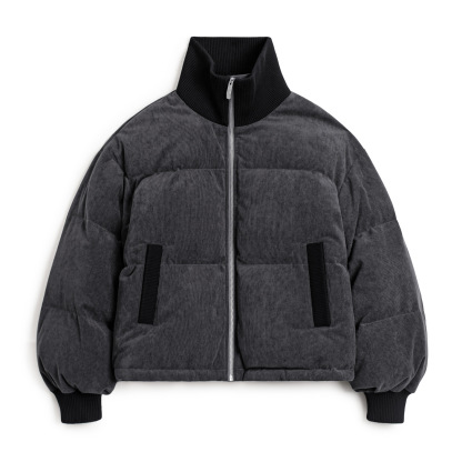 90白鴨絨灰色燈芯絨高立領短款加厚保暖麵包羽絨服外套女士冬