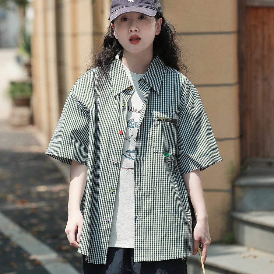 日系復古格子撞色五分袖襯衫女純棉寬鬆工裝休閒短袖襯衣