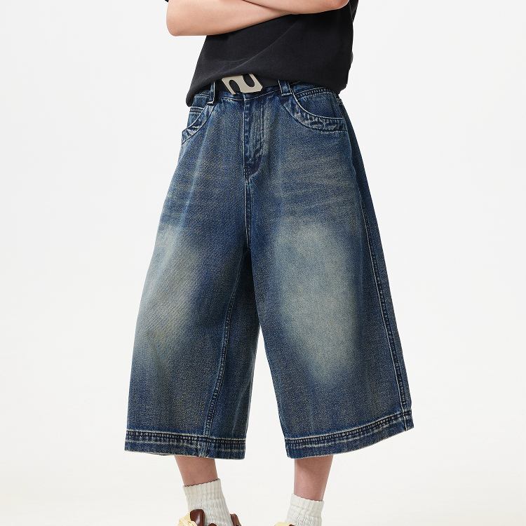 夏季美式復古水洗重磅七分牛仔褲女寬鬆闊腿潮牌短褲子
