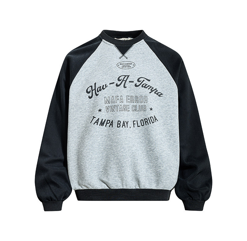 美式復古學院風撞色圓領套頭衛衣女春季新款寬鬆百搭上衣