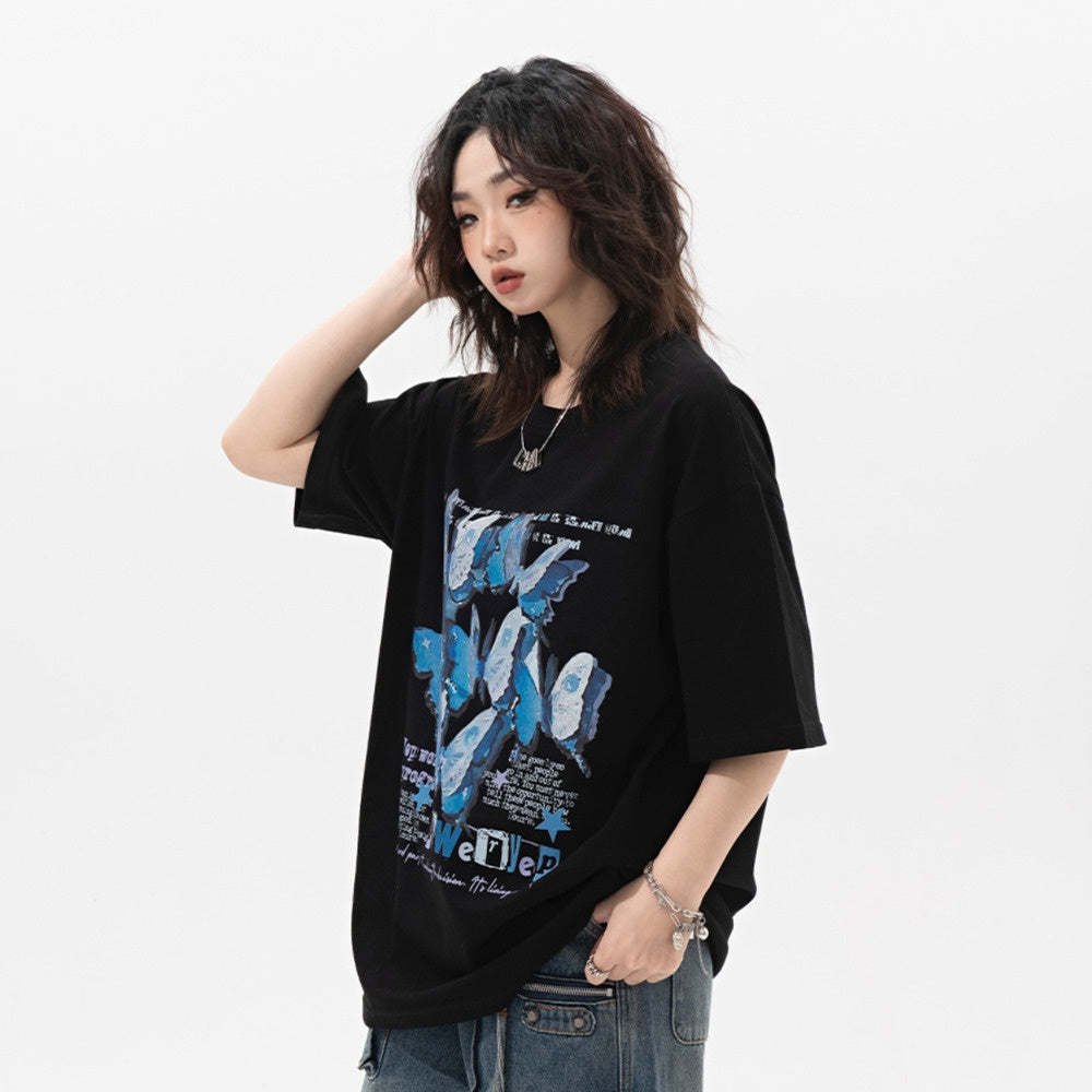 復古蝴蝶印花短袖t恤女夏季2025新款純棉國潮寬鬆半袖上衣