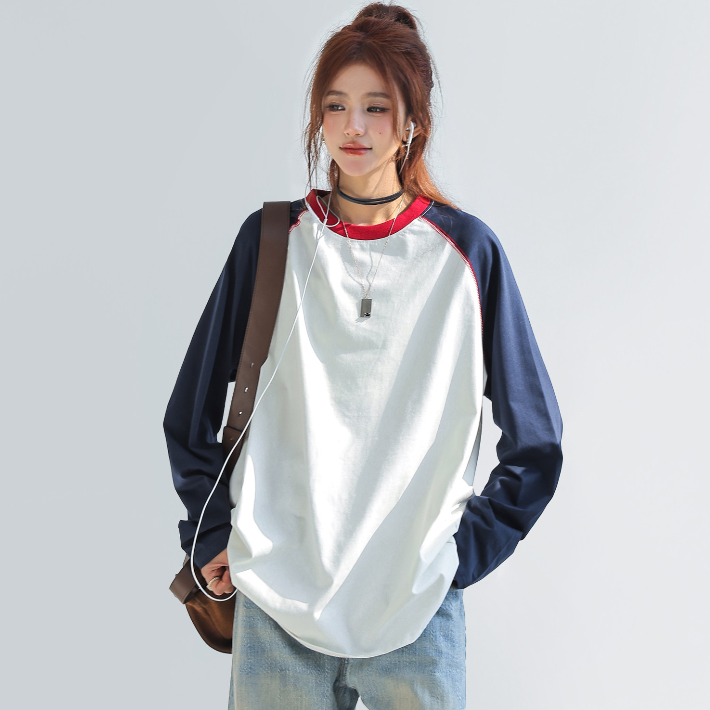 索羅娜撞色拼接插肩長袖上衣女內搭可外穿打底衫t恤