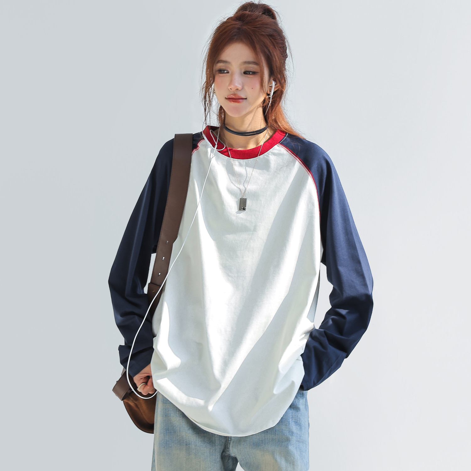 索羅娜撞色拼接插肩長袖上衣女內搭可外穿打底衫t恤