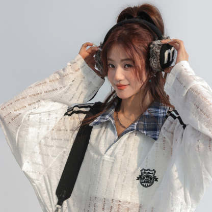 美式復古格子拼接假兩件polo衛衣女春秋鏤空長袖上衣