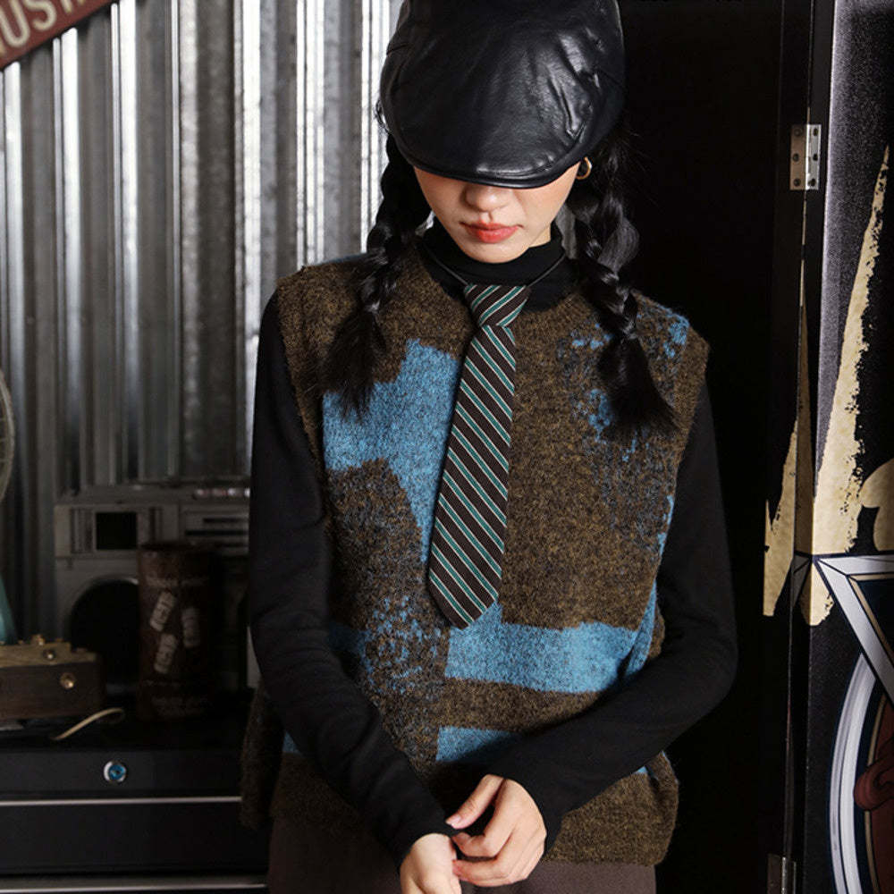 復古撞色咖啡別致百搭針織馬甲女秋冬新款時髦寬鬆上衣