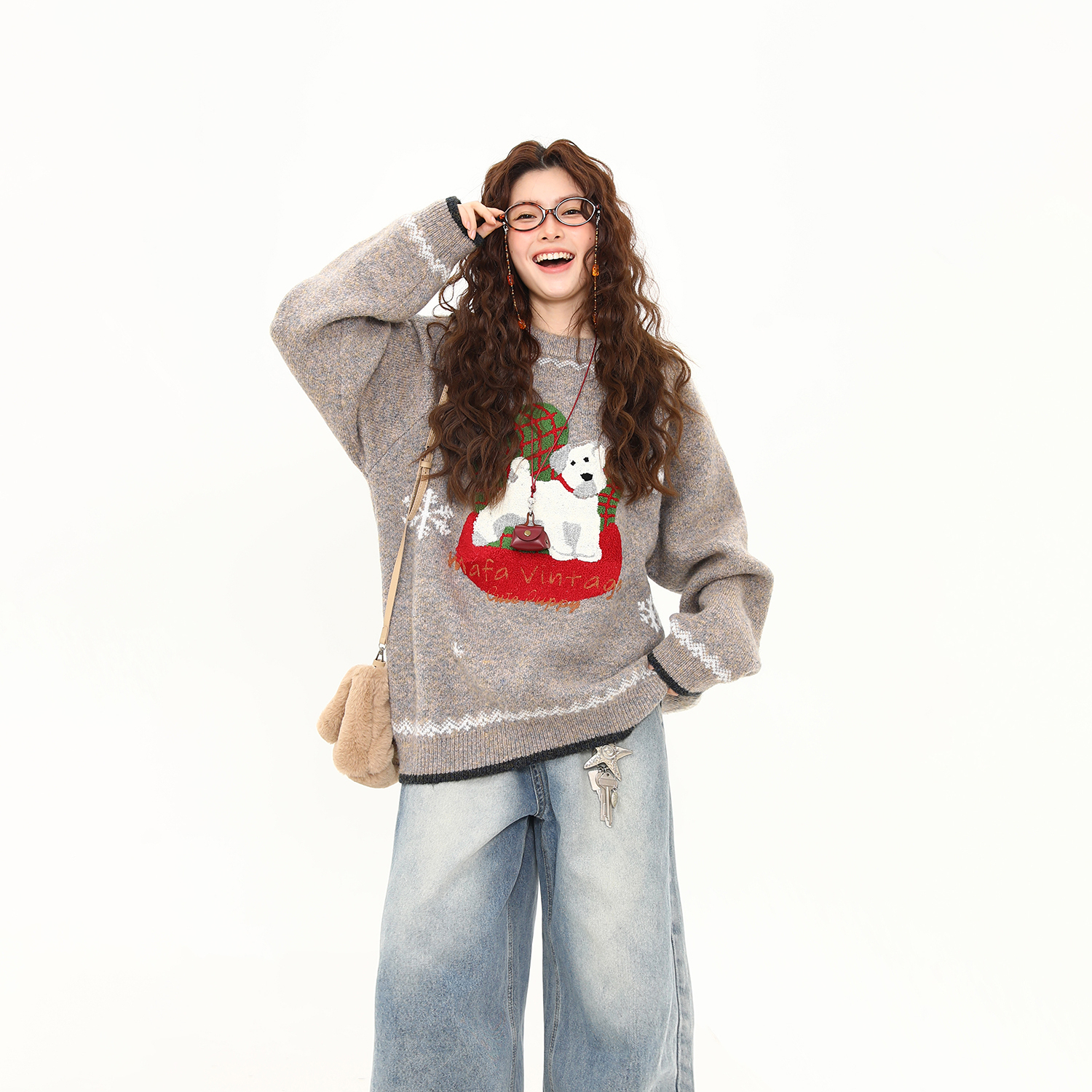 美式復古秋冬氛圍感小狗毛衣女圓領套頭慵懶風針織衫外套