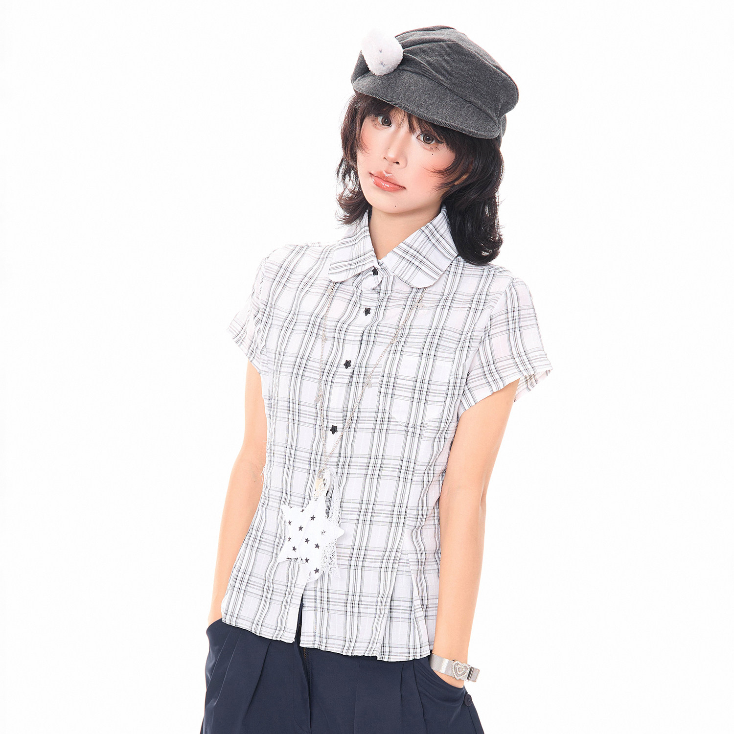 韓系少女星星掛飾格子正肩短袖襯衫女夏季小個子修身短款上衣
