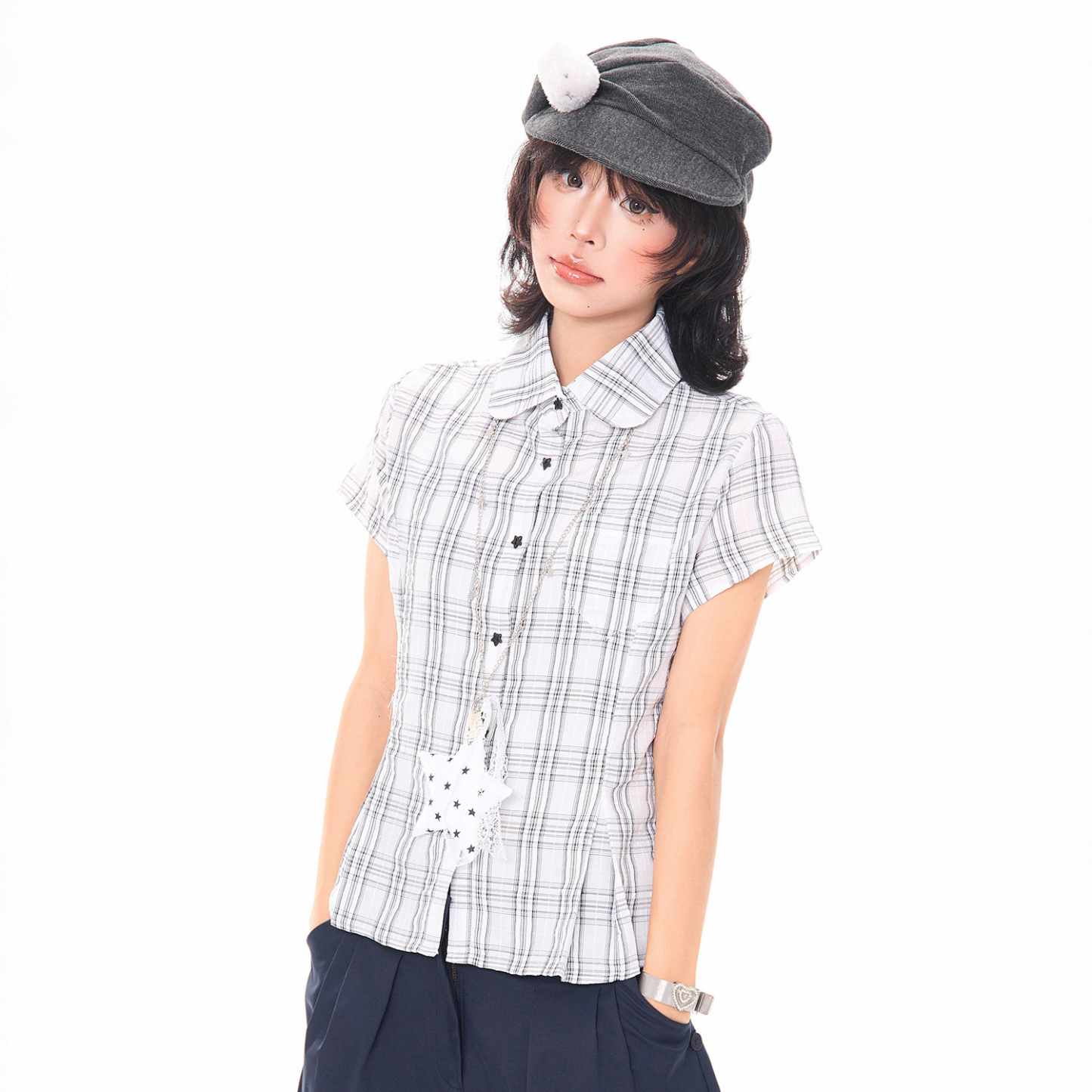 韓系少女星星掛飾格子正肩短袖襯衫女夏季小個子修身短款上衣