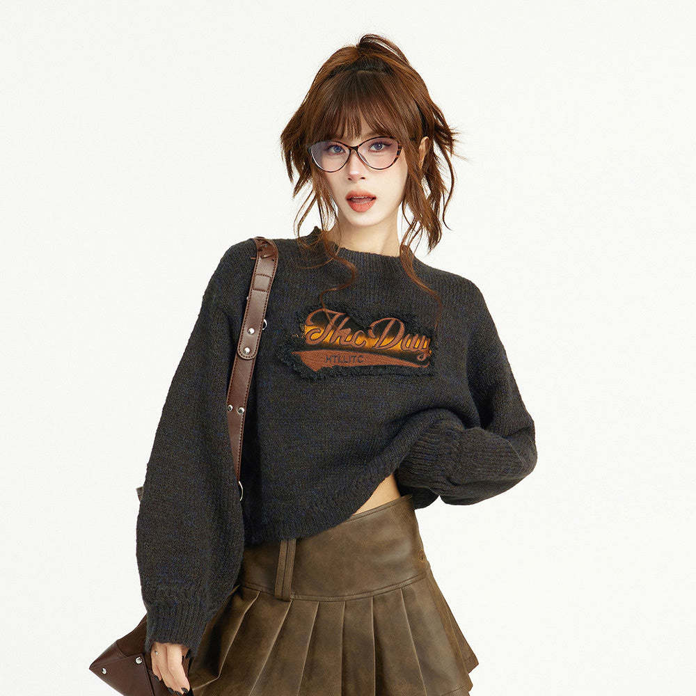 美式復古短款針織毛衣女秋冬秋季早秋設計感小眾正肩寬鬆外穿