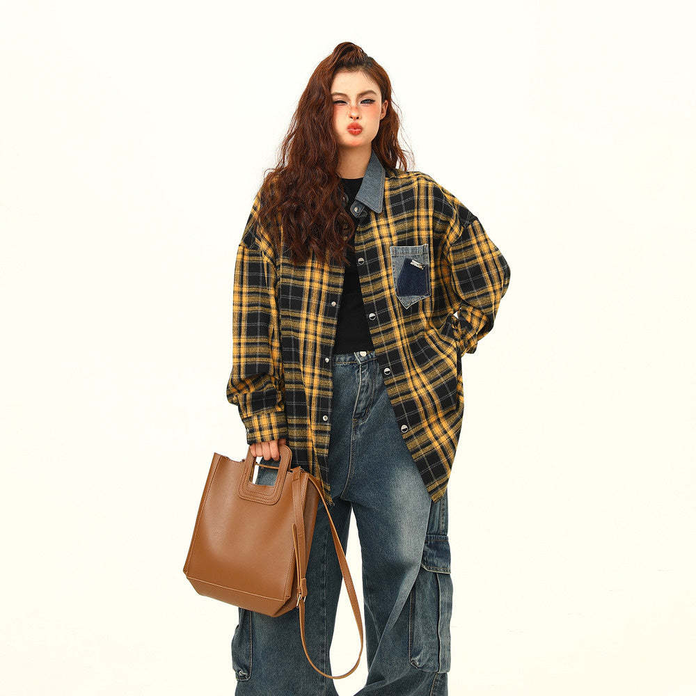 高級感外穿格子襯衫女復古寬鬆百搭早秋黃色格紋襯衣