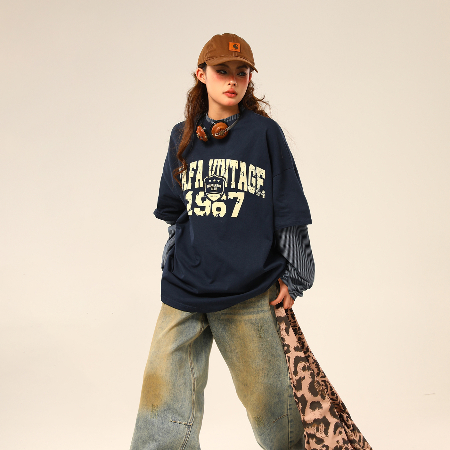 美式復古假兩件長袖衛衣女字母印花百搭上衣