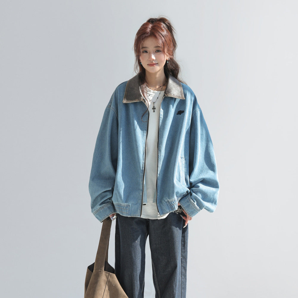 美式復古pu拼皮翻領牛仔外套女小個子短款牛仔衣夾克
