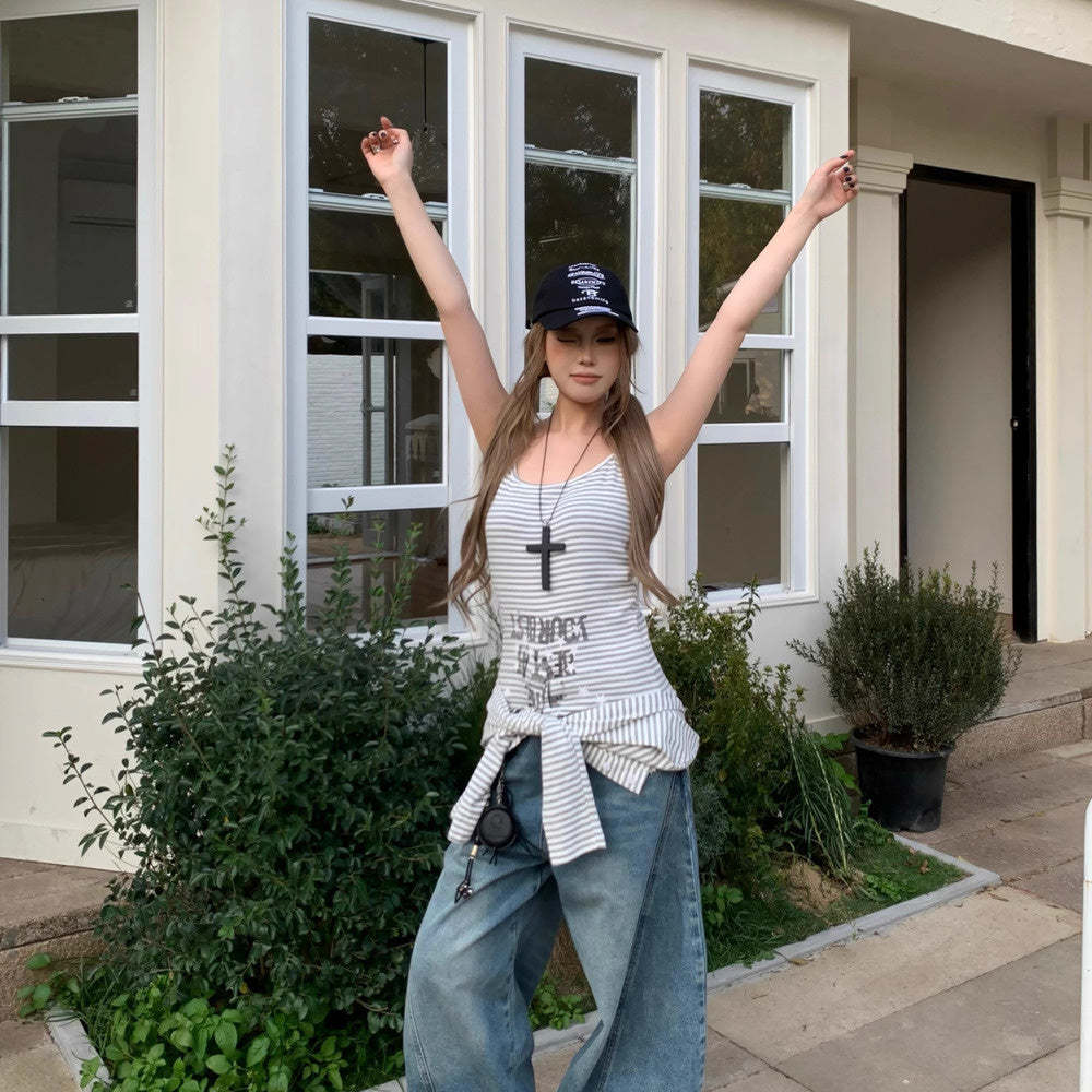 美式設計感吊帶長袖正反兩穿春夏季辣妹T恤打底衫女條紋