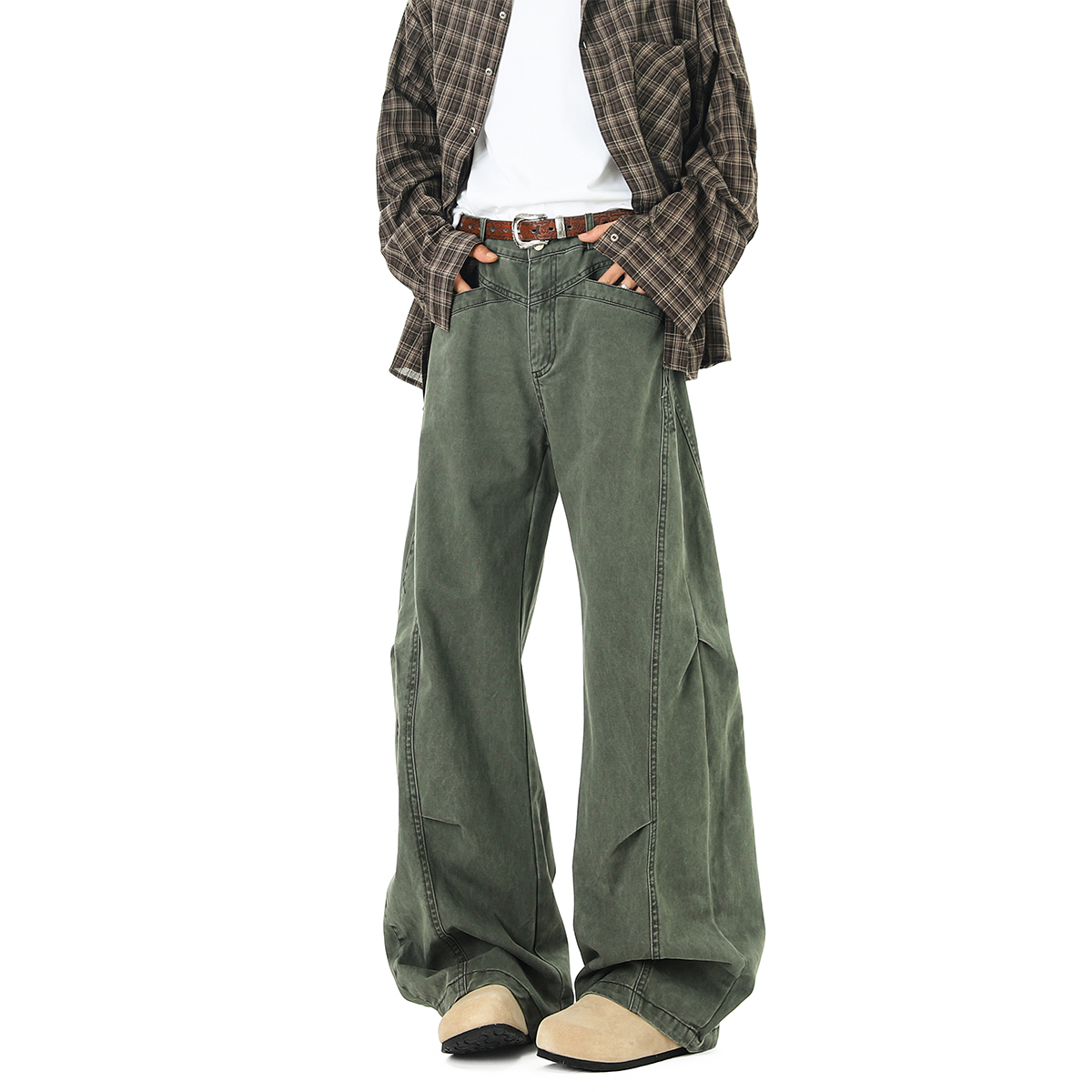 軍綠色解構工裝褲女秋季復古水洗褶皺闊腿傘兵褲寬鬆彎刀休閒褲