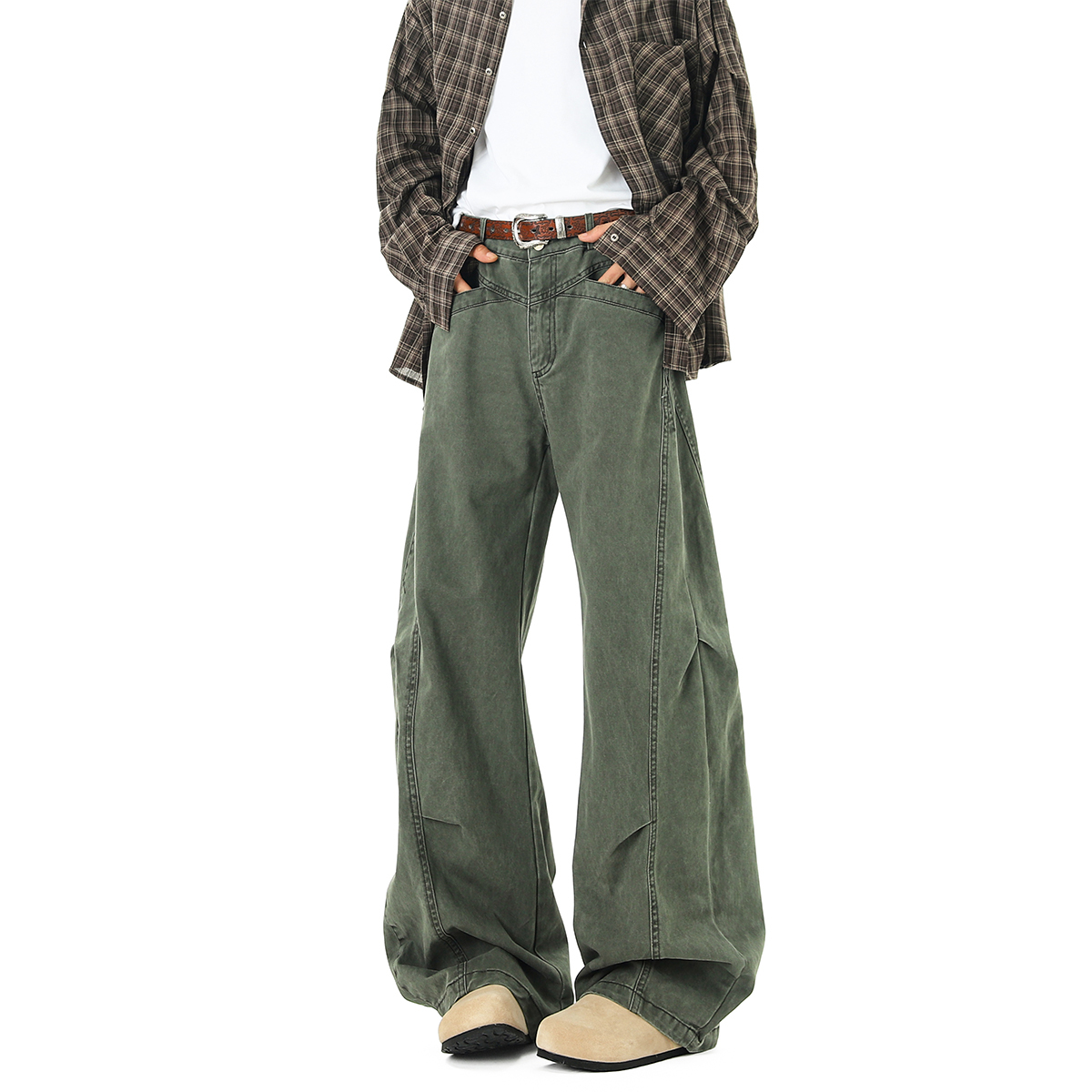 軍綠色解構工裝褲女秋季復古水洗褶皺闊腿傘兵褲寬鬆彎刀休閒褲