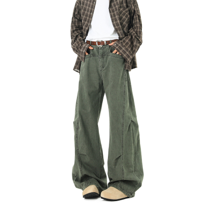 軍綠色解構工裝褲女秋季復古水洗褶皺闊腿傘兵褲寬鬆彎刀休閒褲